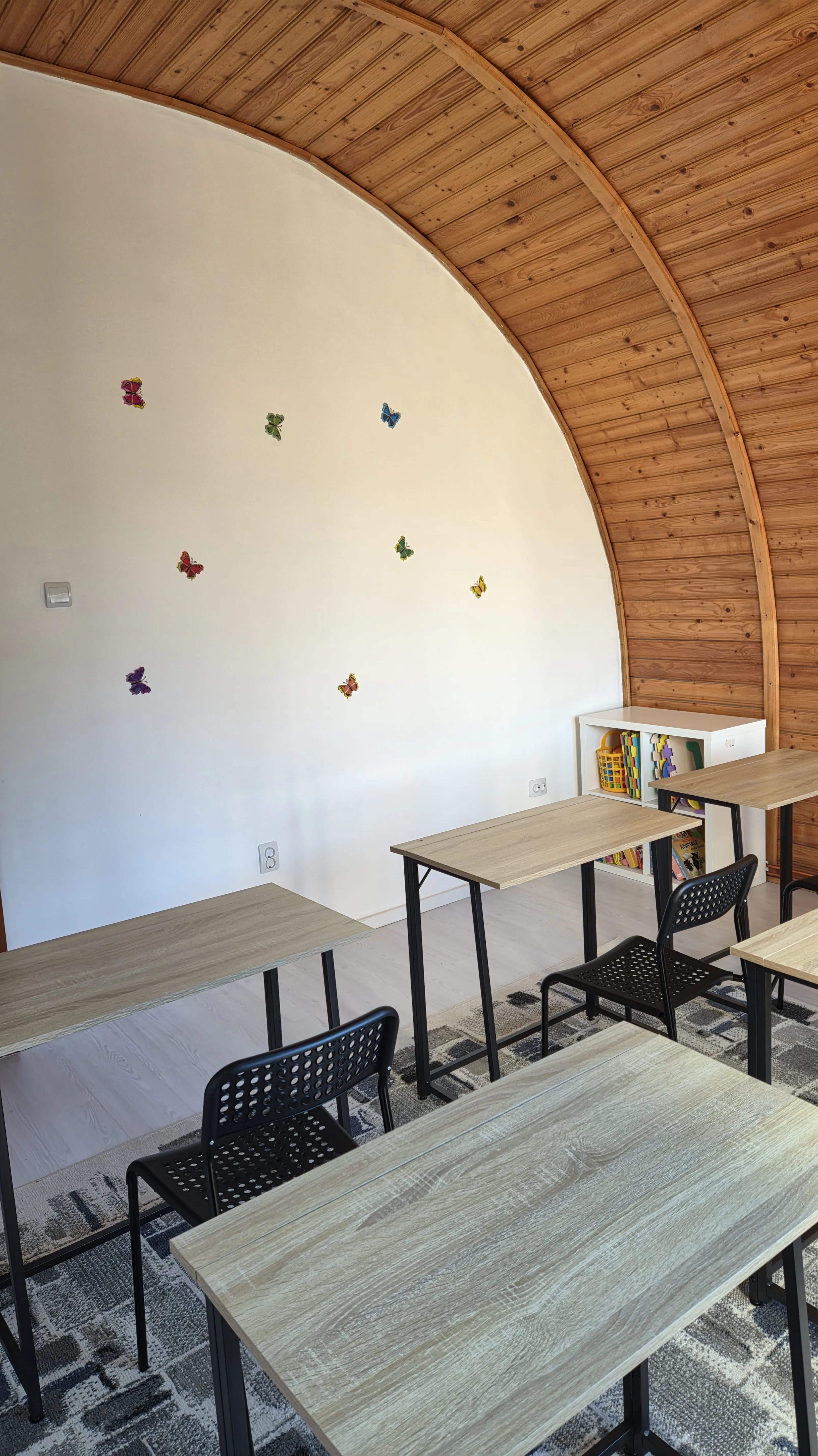 Sala de cursuri văzută din spate, cu peretele decorat cu fluturi și un raft cu jocuri